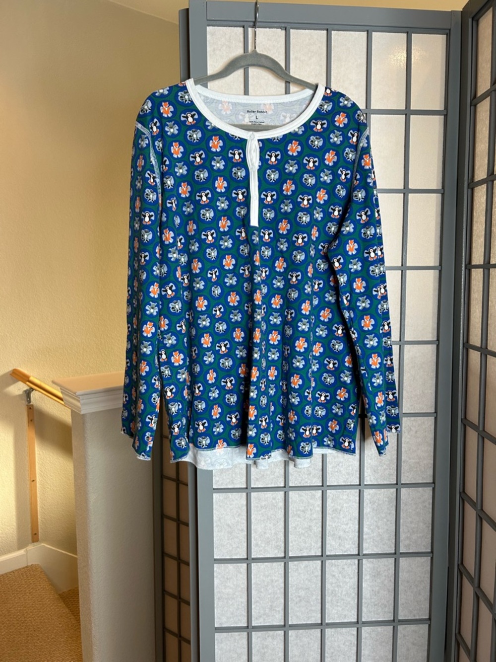Blue Floral Henley Long Sleeve Top